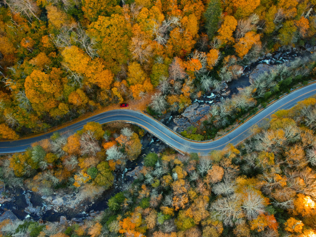 Aerial Drone view of Autumn / fall in the Blue ridge of the Appalachia mountains, asheville, north carolina