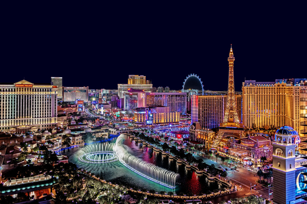 The famous Las Vegas Strip with the Bellagio Fountain. The Strip is home to the largest hotels and casinos in the world. las vegas vacation rentals