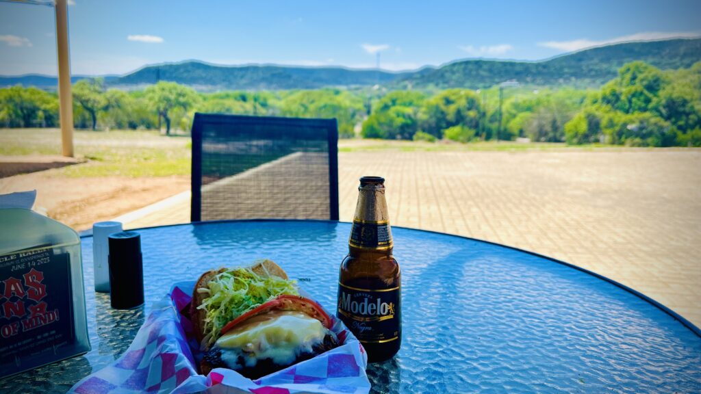 burger, beer, view