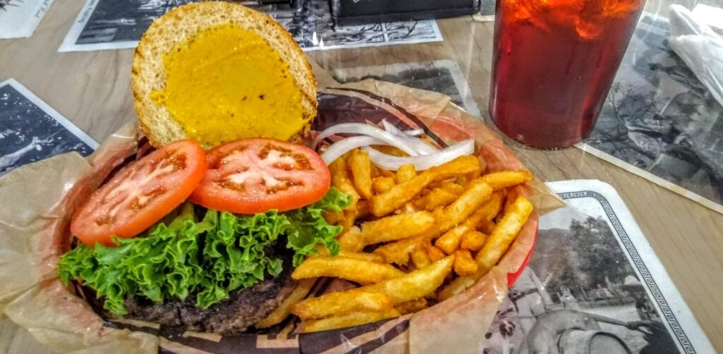 hamburger, fries, and drink
