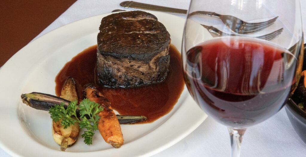 filet mignon and wine