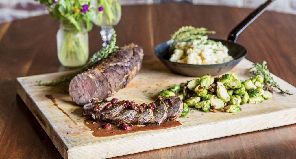 pork loin and Brussels sprouts