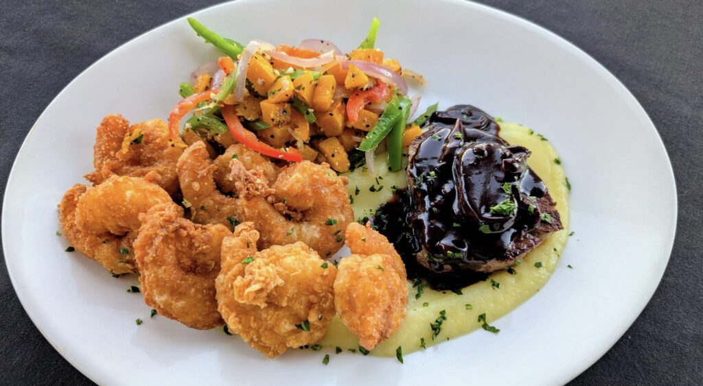 Hereford fillet with fried shrimp