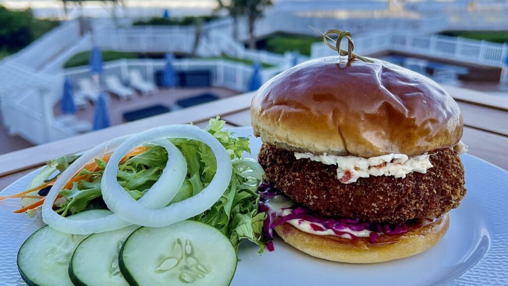 burger and cucumber salad