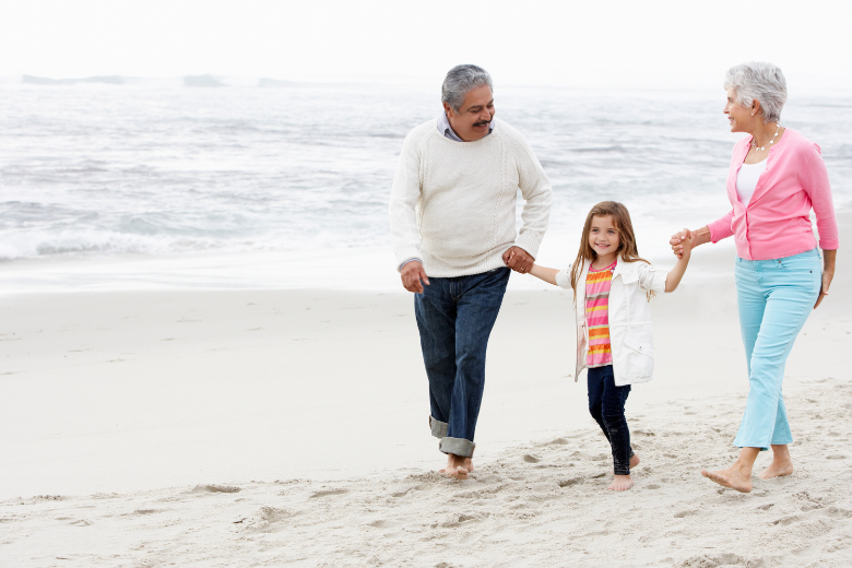 Family Walking on Beach in Fall