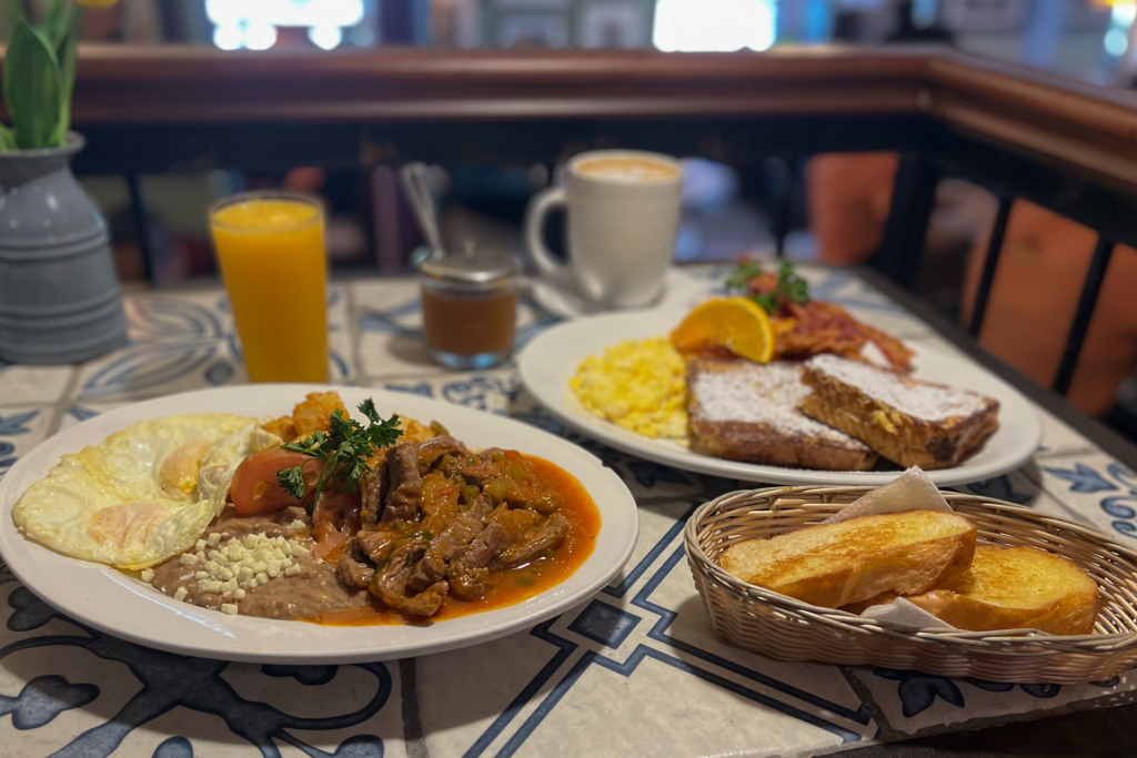 various breakfast foods and beverages on a table | Best Breakfast Puerto Penasco