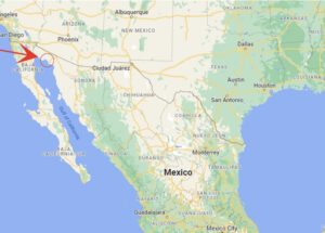 Map of US and Mexico with an arrow pointing to Rocky Point. 