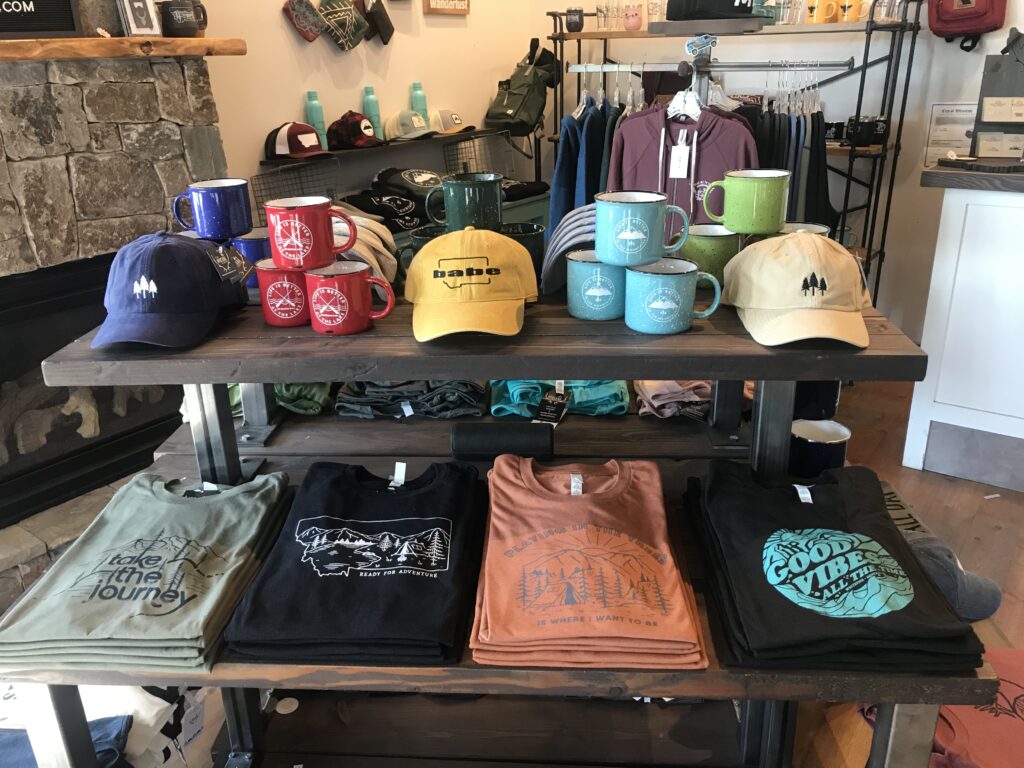 ball caps, shirts, mugs