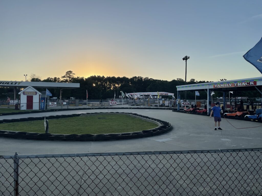 Sunset over go-kart track in Baja Amusements Ocean City, Maryland. 